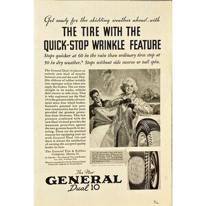 General Dual 10 "The Tire with the Quick-Stop Wrinkle Feature" Vtg Print Ad 1936
